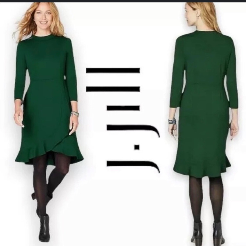 J. Jill Deep Green Long Sleeve Dress Ponte Knit Ruffle Size Medium Tall